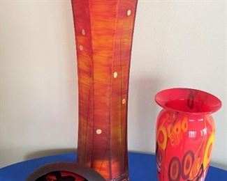 Czech tall orange glass vase, Glass Magic Eye by Paul Havelka and vase by Steve Palmer