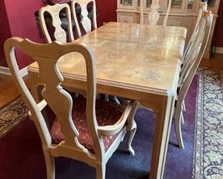 Vintage Drexel Heritage Sketchbook Dining Table and Chairs, Banded Burl Wood Parquetry