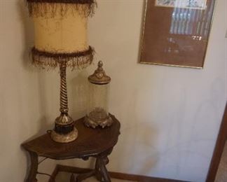 Decor, half moon carved table, lamp