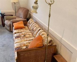 Mid Century walnut, wicker and upholstered sofa