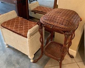 wicker storage bench and sewing basket