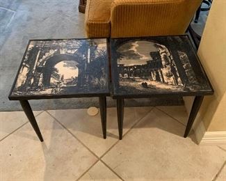 pair Mid Century French scene top stack tables
