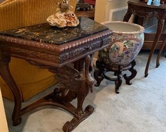  Neoclassical Carved Swan Veined Marble Top Console Table