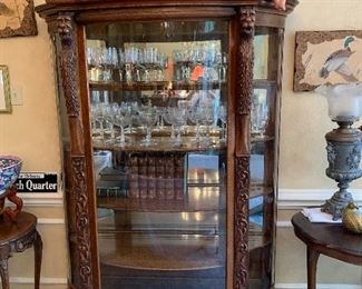  Victorian Carved Oak Lion Head and feet Curved Glass China Cabinet