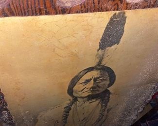 Large poster on wood board 
Looks like Native American Indian with provenance "A Man of Character, given to a ?? of Equal Qualities.." looks like Tatanka Yotanka Sitting Bull... 