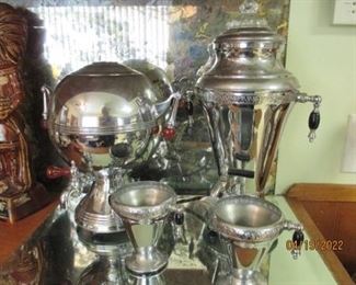 Coffee Serving Set.  Maybe pewter.  Missing top on server on left. 