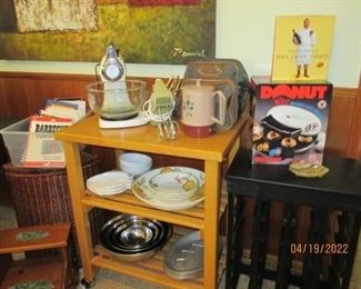 Wine bottle table, wooden utility cart, GE mixer (vintage), avacado green hand mixer (vintage), Coffee travel kit (vintage and misc. 