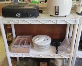 Kitchen misc including hot dog grilling machine (top shelf) 