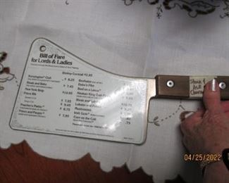 Steak and Ale "Meat Cleaver" menu 