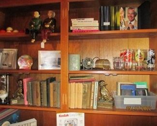 Chinese couple shelf sitter; glasses, very old school books and children's books 