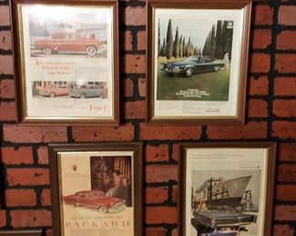 Vintage framed car ads/ promo brochures