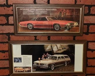 Vintage framed car ads/ promo brochures