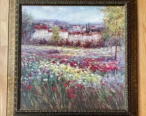 "Tuscan Pleasures II" Framed Art (Print)  by Hulsey measures 33x33 inches. Features a gorgeous and colorful scene. The floral field in the foreground of the houses is absolutely beautiful. 