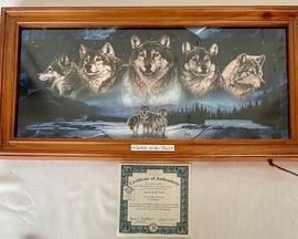 "Spirit of the Pack" Light Up Stained Glass Panorama by Al Agnew with Certificate measures 11.5x23 inches. It lights up when it is turned on! So cool and interesting!