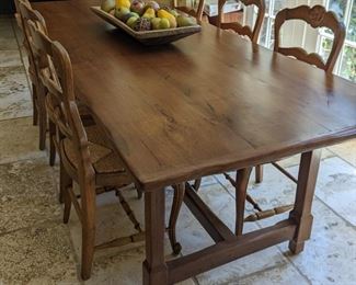 Six Country French Rush seat Chairs, trestle Farm table