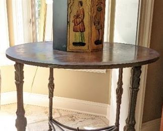 Pair Tole Lamps, Pair of Metal top iron base tables