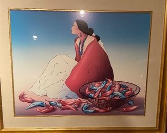 Signed Lithograph by Gorman, woman with chili peppers