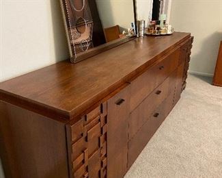 Long Dresser, mid Century, Brutalist style with mosaic wood details