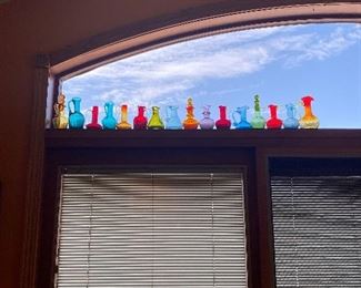 colored glass bottles, vases