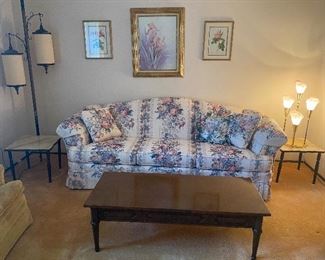 Floral Sofa; Coffee Table; Side Tables; MCM Mid Century Style Floor to Ceiling Light; Vintage Tulip Light