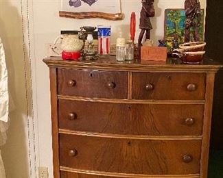 Dresser; Items from Haiti; Vintage 1976 Red, White, Blue Glass; Vintage Pottery Baby Bottle Warmer; Virginia Tavern Pipe; Volcano Ash; McCoy Soup Bowls