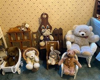 Teddy Bears; Wicker Childs Rocking Chair; Wicker Baby Doll Furniture; Wooden Shelves