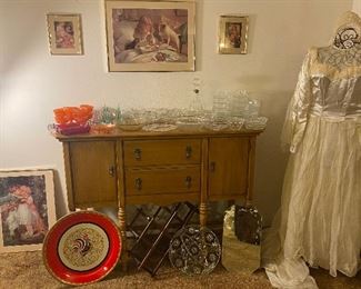 Buffett; Vintage 1945 Wedding Dress; Wine Rack; Vintage Dresser Mirror; Glassware