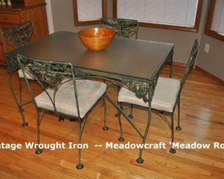 Vintage Wrought Iron Patio Set -- Meadowcraft, "Meadow Rose" rectangular table w/4 padded chairs.  Always inside!