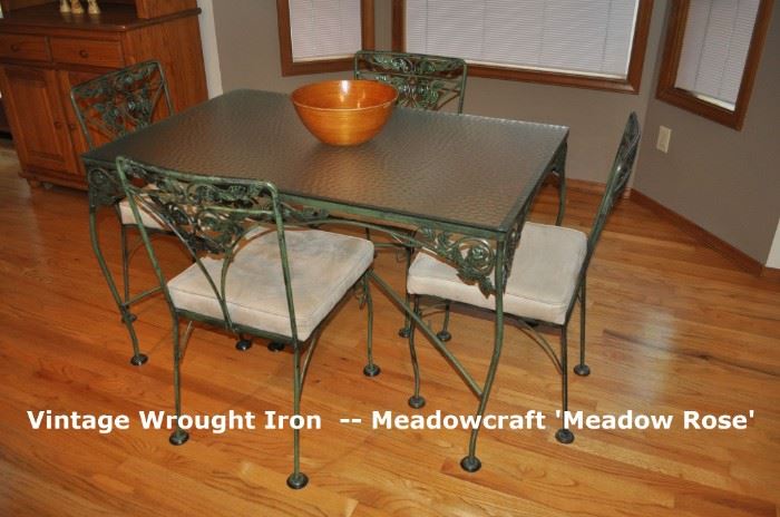 Vintage Wrought Iron Patio Set -- Meadowcraft, "Meadow Rose" rectangular table w/4 padded chairs.  Always inside!