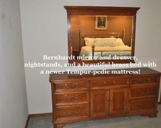 Bernhardt mirror and dresser, pair of nightstands,  and brass bed with newer Tempur-pedic king mattress.