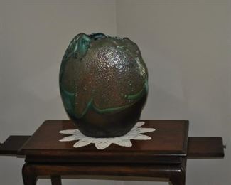 Tony Evans #332 18” Raku Lava Luster vase, Queen Anne Georgian style tea tables w/pull out trays, two available (28”x18”).