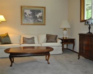 Floor lamp, white/ivory sofa (93.5” long, 27” high, 34” deep), end table, marble top walnut server w/4 drawers (32” tall, 32” wide, 16” deep), drop leaf coffee table (52”x18”, 52”x36” w/leaves up).