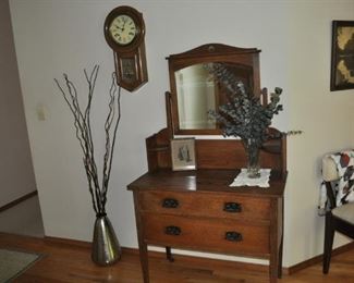 Binkosha regulator clock antique, English antique oak dresser w/beveled mirror (62” tall w/mirror, 36” wide), sewing chair (seat lifts for storage).