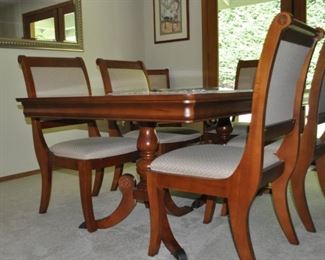 Bassett china cabinet (84” tall, 65.5” wide, 18” deep),
Bassett dining set w/6 chairs (44”x68”, 2 18” leaves).
