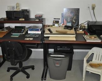 Office desk and table (37.5”x31” and 50”x31”), HP printer, office chair, shredder.