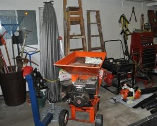 Black & Decker circular saw, Black & Decker folding worktable, Black & Decker hedge trimmer, Chilton’s repair book 1972, 1978, concrete hand tools, Craftsman radial arm saw, Craftsman air compressor 8 gallon #919.153010, Craftsman rolling tool chest, Craftsman sockets, Crary Bear Cat chipper/shredder No. 80 w/Briggs & Stratton 8 HP motor, engine hoist,
Freud joiner, generator, John Deere LT150 5-speed w/trailer, Mac Cat chainsaw, Makita planer M101, Makita reciprocal saw, Makita table saw ,
metal car ramps 2, orbital waxer, Pinke autoanalyzer, RL Flowmaster, 
Roto zip, Scotts lawn spreader 2, ShopVac, Skilsaw circular saw, Stihl gas blower BG58C, Stihl yard vac 5H 86C, Tecumsen 5000 watts pressure washer, Toro electric blower.

