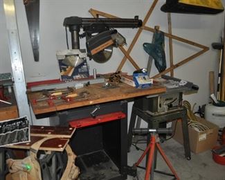 Black & Decker circular saw, Black & Decker folding worktable, Black & Decker hedge trimmer, Chilton’s repair book 1972, 1978, concrete hand tools, Craftsman radial arm saw, Craftsman air compressor 8 gallon #919.153010, Craftsman rolling tool chest, Craftsman sockets, Crary Bear Cat chipper/shredder No. 80 w/Briggs & Stratton 8 HP motor, engine hoist,
Freud joiner, generator, John Deere LT150 5-speed w/trailer, Mac Cat chainsaw, Makita planer M101, Makita reciprocal saw, Makita table saw ,
metal car ramps 2, orbital waxer, Pinke autoanalyzer, RL Flowmaster, 
Roto zip, Scotts lawn spreader 2, ShopVac, Skilsaw circular saw, Stihl gas blower BG58C, Stihl yard vac 5H 86C, Tecumsen 5000 watts pressure washer, Toro electric blower.
