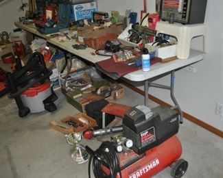 Black & Decker circular saw, Black & Decker folding worktable, Black & Decker hedge trimmer, Chilton’s repair book 1972, 1978, concrete hand tools, Craftsman radial arm saw, Craftsman air compressor 8 gallon #919.153010, Craftsman rolling tool chest, Craftsman sockets, Crary Bear Cat chipper/shredder No. 80 w/Briggs & Stratton 8 HP motor, engine hoist,
Freud joiner, generator, John Deere LT150 5-speed w/trailer, Mac Cat chainsaw, Makita planer M101, Makita reciprocal saw, Makita table saw ,
metal car ramps 2, orbital waxer, Pinke autoanalyzer, RL Flowmaster, 
Roto zip, Scotts lawn spreader 2, ShopVac, Skilsaw circular saw, Stihl gas blower BG58C, Stihl yard vac 5H 86C, Tecumsen 5000 watts pressure washer, Toro electric blower.
