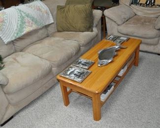 Microfiber chair (46” wide), microfiber couch (90” long), oak coffee table (20”x48”, 16” high).
