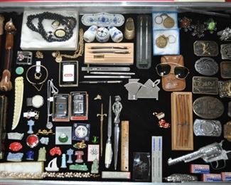 Dachshund vintage shakers, Russian enameled box, jewelry, Ronson lighters, Delft, collectible Wade figurines, vintage belt buckles, caps, Cross pen sets, and more!