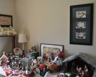 Christmas items, Dept. 56 Heritage Village, Dept. 56 Dickes, Sangyo Holly Christmas china, Princess House, Lenox, Spode, Christmas linens, glass holiday platters, nativity set, stockings, mugs, ornaments, stuffed toys.