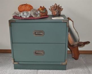 Autumn decor, two drawer cabinet, wall mirror w/shelf.