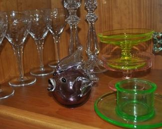 Crystal, Depression glass, uranium glass, Murano glass puffer fish.