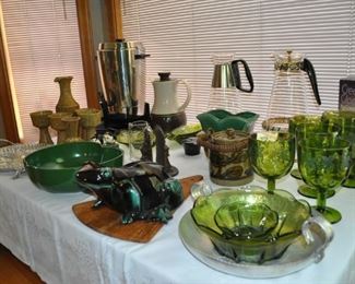 Studio pottery carafe and goblets, Westbend coffee maker, Thermos carafe, Pyrex coffee carafes w/candle warmers, Hazel Atlas green apple dish, McCoy, Bartlett Collins Green Glass Goblet Etched Grapes Thumbprint, Dansk.