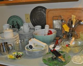 14-piece Christmas glass hostess set vintage, baking pans, Black & Decker hand mixer, Chef’s Choice diamond hone sharpener #110, Corning ware, crock pots, Cuisinart coffee grinder, Farberware pots pans, Farberware Blanc sur Blanc set of white dishes, glass vintage snack sets, Hazel Atlas, Jack LaLanne power juicer, KitchenAid food prep, Oster blender, pasta maker, Pyrex, TFal OptiGrill, The Bread Machine.
