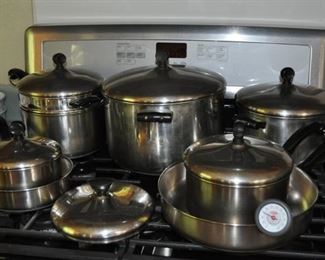 14-piece Christmas glass hostess set vintage, baking pans, Black & Decker hand mixer, Chef’s Choice diamond hone sharpener #110, Corning ware, crock pots, Cuisinart coffee grinder, Farberware pots pans,  Wagner cast iron skillet, Farberware Blanc sur Blanc set of white dishes, glass vintage snack sets, Hazel Atlas, Jack LaLanne power juicer, KitchenAid food prep, Oster blender, pasta maker, Pyrex, TFal OptiGrill, The Bread Machine.