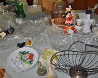 14-piece Christmas glass hostess set vintage, baking pans, Black & Decker hand mixer, Chef’s Choice diamond hone sharpener #110, Corning ware, crock pots, Cuisinart coffee grinder, Farberware pots pans, Farberware Blanc sur Blanc set of white dishes, glass vintage snack sets, Hazel Atlas, Jack LaLanne power juicer, KitchenAid food prep, Oster blender, pasta maker, Pyrex, TFal OptiGrill, The Bread Machine.