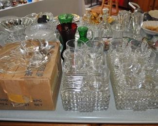 14-piece Christmas glass hostess set vintage, baking pans, Black & Decker hand mixer, Chef’s Choice diamond hone sharpener #110, Corning ware, crock pots, Cuisinart coffee grinder, Farberware pots pans, Farberware Blanc sur Blanc set of white dishes, glass vintage snack sets, Hazel Atlas, Jack LaLanne power juicer, KitchenAid food prep, Oster blender, pasta maker, Pyrex, TFal OptiGrill, The Bread Machine.