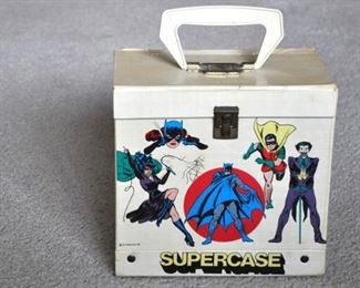1976 vintage SUPERCASE 45rpm record carrying case, DC Comics.  Features Superman, Batman, Batgirl, Supergirl, Catwoman, Wonder Woman, and The Joker.
