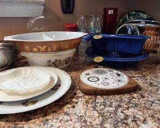 Kitchenware, milk glass, divided dish, Pyrex